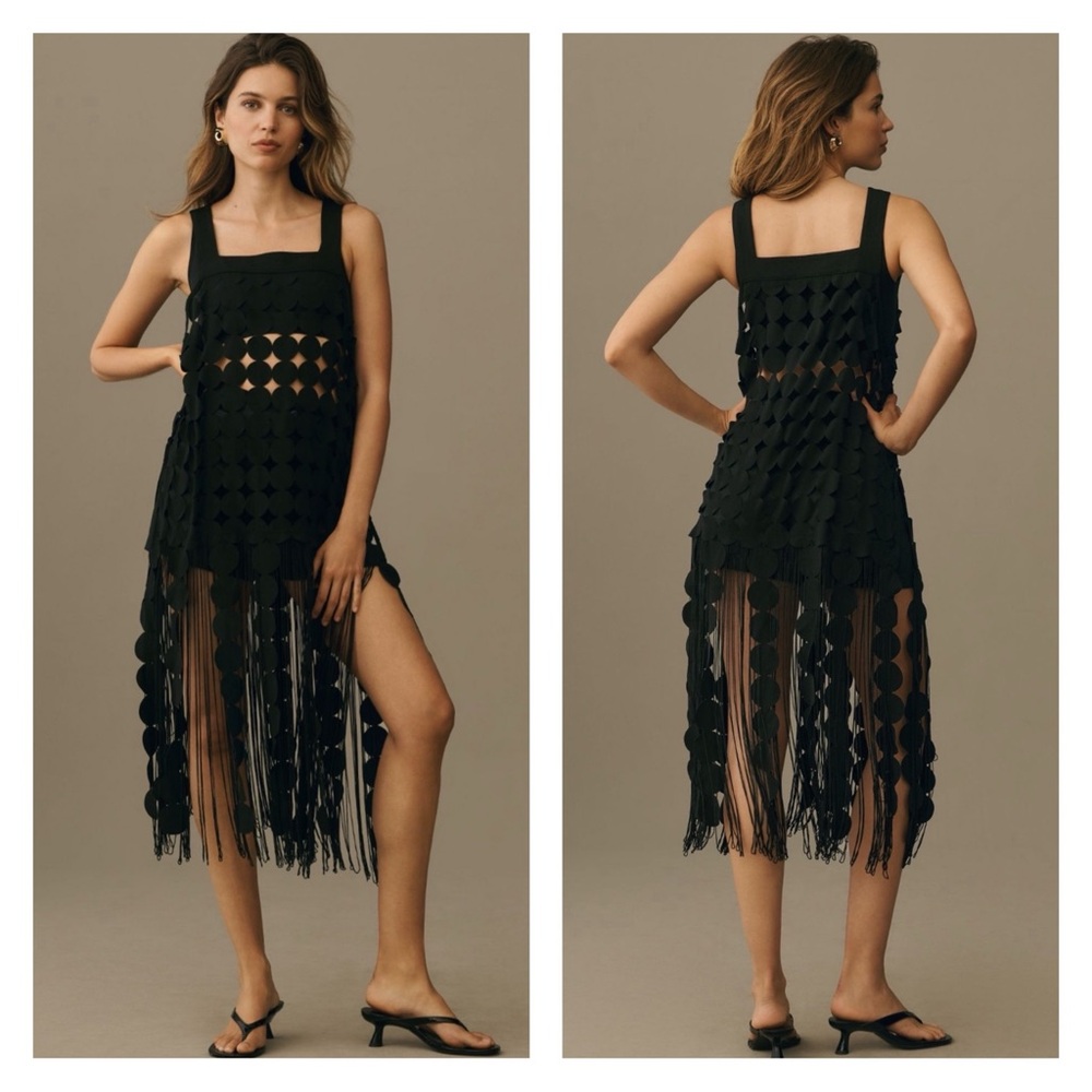 ANTHROPOLOGIE Black Geometric Cutout Fringe Boho Tunic Vacation Indie Sleaze OS